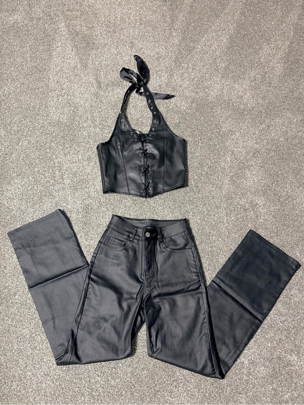 Shein Black Faux Leather Pants & Halter Crop Top